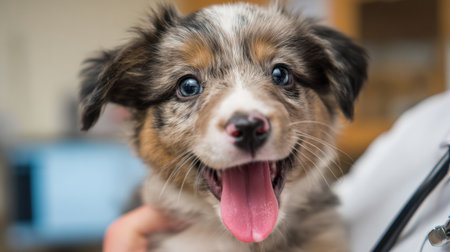 Little puppy joyfully licks the vets face during a checkup in a well-lit clinic, showcasing a fun and friendly bonding moment.の素材