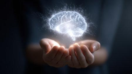 A luminous mind symbol is cradled gently by hands, symbolizing support for mental wellness and emphasizing the importance of emotional health.の素材