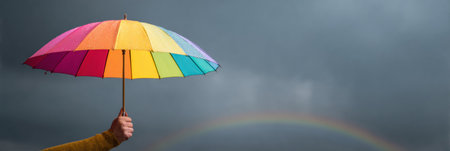 A person holds a bright rainbow umbrella against a dark stormy sky, showing resilience and hope despite the prevailing weather conditions.の素材