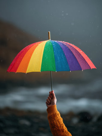 A person is holding a vibrant rainbow umbrella against a stormy backdrop, expressing resilience and support during adverse conditions by the ocean.の素材