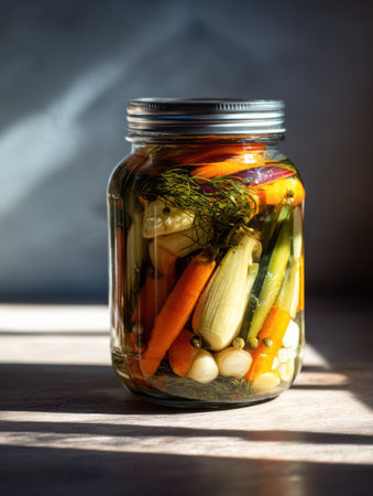 A glass jar of vibrant pickled vegetables in soft light casts attractive shadows, with empty space on the left adding depth.の素材