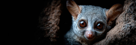 A curious galago is peering from its tree hollow, showing its large eyes and attentive expression against a dark backdrop in the forest.の素材