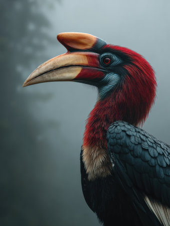 Helmeted hornbill stands tall in profile, adorned with bold colors, set against a misty rainforest background, capturing a moment of natural beauty.の素材