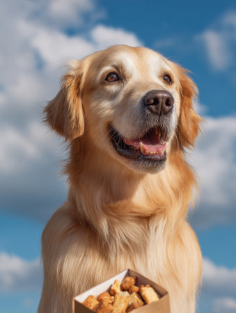 Golden retriever with a happy expression sits next to an open package of dog treats under a clear blue sky, embodying a moment of excitement and joy.の素材