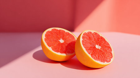 Bright grapefruit halves are placed on a smooth pastel surface, creating an elegant contrast with geometric shapes and soft shadows above.の素材