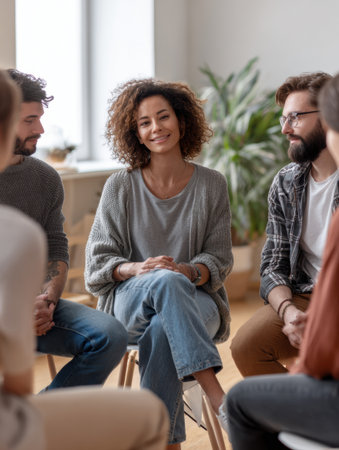 Participants engage in a group therapy session, fostering eye contact and empathy while seated in a circle during a serene indoor setting.の素材