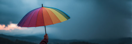 A hand grips a colorful rainbow umbrella as dark storm clouds loom overhead, representing strength and resilience during difficult moments.の素材