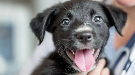 A joyful puppy interacts with its vet during a routine checkup, playfully licking the vets face in a well-lit veterinary clinic.の素材