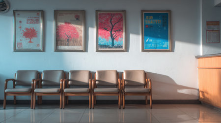 Bright and airy hospital waiting room featuring simple wooden chairs, informative posters on cold symptoms, and an inviting atmosphere for visitors at any time.の素材