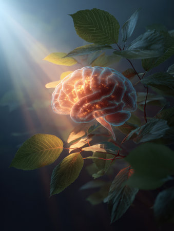 A glowing brain is enveloped by soft green leaves while sunrays filter through, highlighting the theme of mental health and well-being surrounded by natureの素材