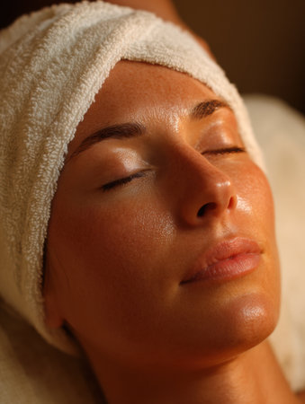 A person enjoys a calming hot towel compress on their forehead, surrounded by warm lighting that enhances relaxation during a wellness session.の素材