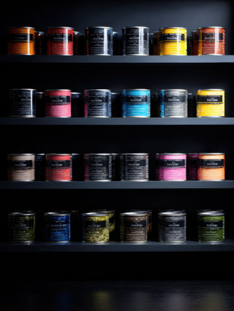 A high contrast display of various canned pet food products arranged on dark shelves, highlighting vibrant colors and distinct packaging styles.の素材