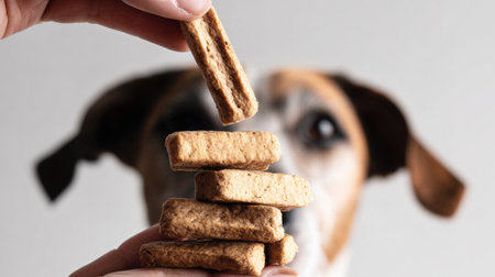 A hand holds freeze-dried treats over a dogs head, capturing the dogs eager anticipation against a clean white background.の素材