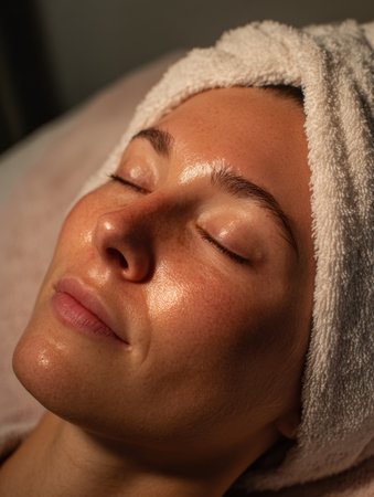 A warm towel compress rests gently on the forehead, providing soothing comfort while warm lighting enhances the serene atmosphere during relaxation.の素材