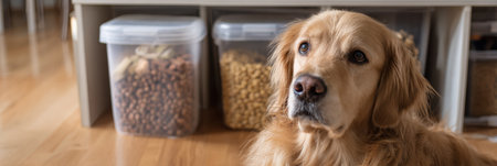 Golden retriever sits calmly beside a clear container filled with various pet food while enjoying the warm atmosphere of a comfortable home.の素材