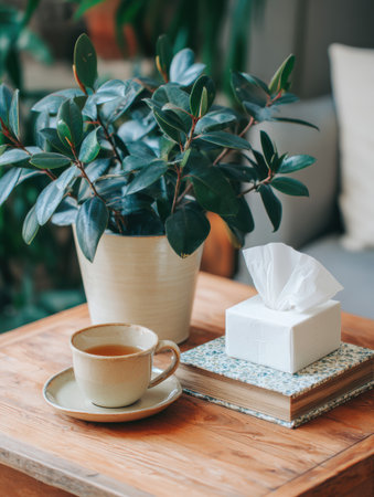 A warm and inviting workspace featuring a vibrant indoor plant, a cup of tea, a box of tissues, and books on a wooden desk, perfect for relaxation.の素材