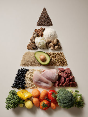 Healthy pet food pyramid made from natural ingredients, with an open bottom-left section for clearer nutrition understanding.の素材