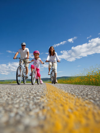 Family members bike joyfully on a clear road surrounded by lush greenery, with vibrant skies above and cheerful expressions on their faces.の素材