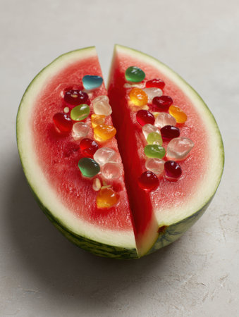 A halved watermelon showcases vibrant candy-style seeds spilling from the open upper margin, perfect for summer celebrations or playful desserts.の素材