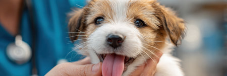 A joyful puppy interacts with a caring vet during a checkup, showing affection by licking the vets face in a bright clinic atmosphereの素材