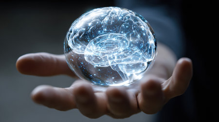 A human hand cradles a transparent sphere depicting a brain with glowing lines, showing the blend of creativity and technology in a captivating way.の素材
