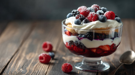 Layered berry dessert features whipped cream and fresh berries served in a glass bowl against a rustic wooden background, highlighting its vibrant colors.の素材