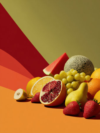 Fresh fruits including watermelon, pomegranate, and grapes arranged in an artistic collage with a warm gradient backdrop perfect for promotional use or decor.の素材