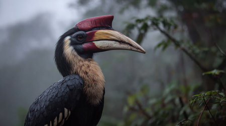 A helmeted hornbill stands gracefully in profile against a misty rainforest backdrop, highlighting its unique coloration while surrounded by lush greenery.の素材