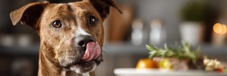 A playful dog with a joyful expression licks its lips while sitting next to a beautifully presented plate of gourmet food in a modern kitchen.の素材