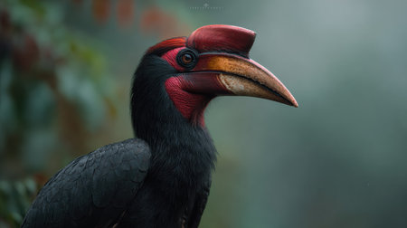 A striking helmeted hornbill stands gracefully in profile against a misty rainforest backdrop, highlighting its vivid colors and unique beak.の素材