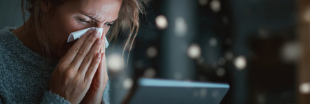 A person sneezes while checking a health report on a digital device, revealing symptoms of allergies in a home setting.の素材