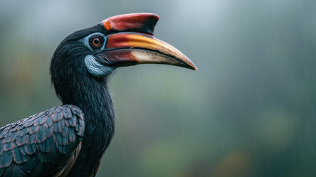 A helmeted hornbill stands in profile within a misty rainforest, its colorful beak illuminated by soft light while surrounded by lush greenery and fog.の素材