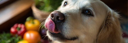 Golden retriever sits in a sunlit kitchen, eagerly licking its lips while gourmet food and colorful vegetables surround it, creating a joyful atmosphere.の素材