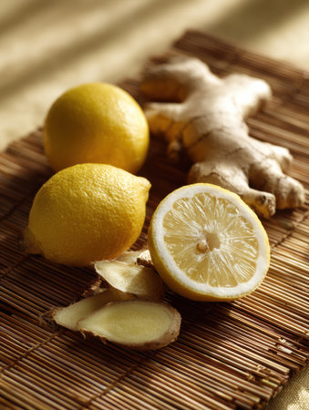 Ginger root and sliced lemon are placed on a bamboo mat, promoting wellness and vibrant health. Perfect for herbal remedies and refreshing drinks.の素材