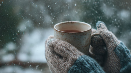 Cozy hands wrapped in gloves wool cradle a warm mug as snowflakes fall softly against a clear window, evoking a peaceful winter moment.の素材