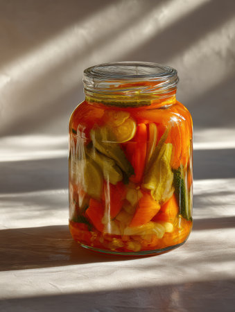 A jar brimming with colorful pickled vegetables captures light, creating soft shadows on the clear surface nearby, hinting at a cozy kitchen atmosphere.の素材