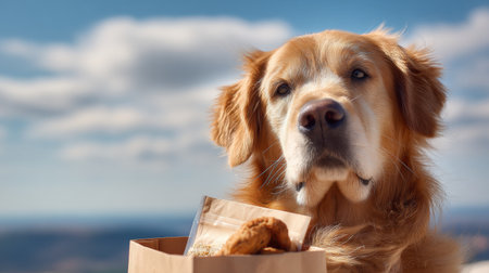 Golden retriever sits next to an open package of treats, gazing adoringly as fluffy clouds drift across the clear blue sky in the background.の素材