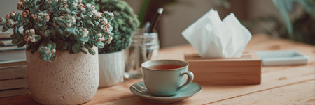 Indoor plants enhance a cozy workspace with a clean desk, featuring a cup of tea and tissues, creating a warm and inviting environment for productivity.の素材