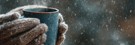 Cozy hands wrapped in gloves wool cradle a warm mug as delicate snowflakes drift down against a softened backdrop of winter.の素材