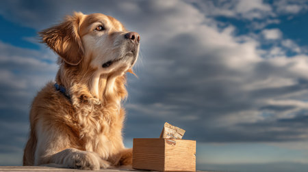 A golden retriever sits beside an open package of treats with a bright sky in the background, showing the excitement of outdoor adventure and play.の素材
