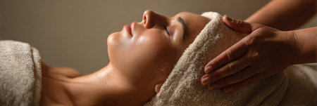 Warm light bathes the setting as a hot towel compress is gently placed on the forehead, providing soothing comfort and relaxation during a therapeutic session.の素材