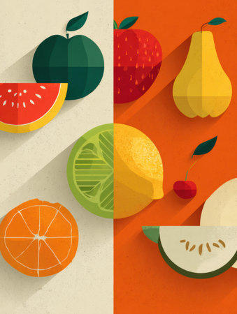 Collection of flat design fruit icons arranged over a neutral background, featuring a variety of shapes and colors that enhance visual appeal and simplicityの素材