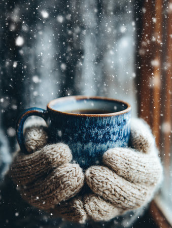 Hands wrapped in cozy gloves wool hold a warm mug while snowflakes fall gently outside, creating a peaceful winter atmosphere indoors.の素材