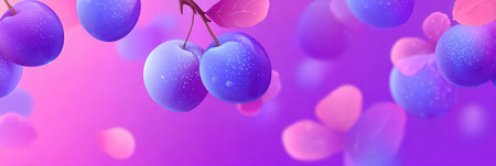 A vibrant gradient fills the background, with plums softly glowing and floating alongside delicate leaves, offering a calm, fresh ambiance.の素材