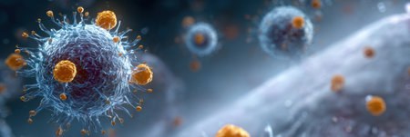 Immune cells engage in a battle against a virus, displaying their activities and interactions in a highly detailed microscopic environment.の素材