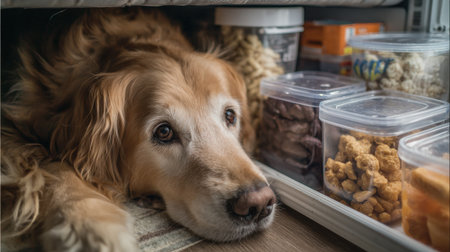 A golden retriever lies comfortably beside a clear container filled with various foods, enjoying a peaceful moment in a warm indoor setting.の素材