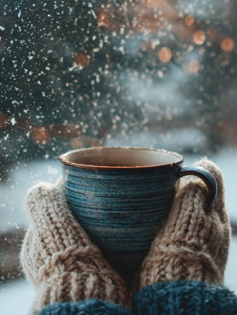 Holding a warm mug enveloped in wool gloves as snow gently falls outside creates a cozy winter atmosphere, inviting warmth during chilly days.の素材