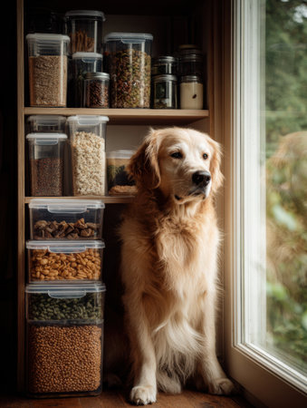 A golden retriever quietly rests next to a transparent container filled with pet food, enjoying the natural light from the window in a warm kitchen.の素材