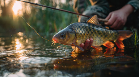 At dawn, a man catches a fish in a serene pond, highlighting the beauty of nature as the fisherman celebrates his successful catch.の素材