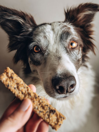Hand extends freeze-dried treats above a dogs head, capturing the pets eager expression in a clean and bright indoor setting with minimal distractions.の素材
